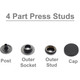 15mm 4 Part Press Studs with Black Internal Parts